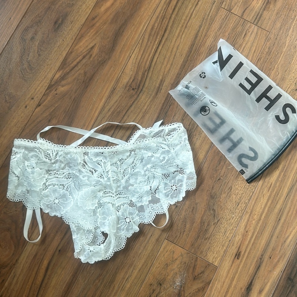 SHEIN white lace up in the back underwear med 95% polyester 5% elastane lace NWT